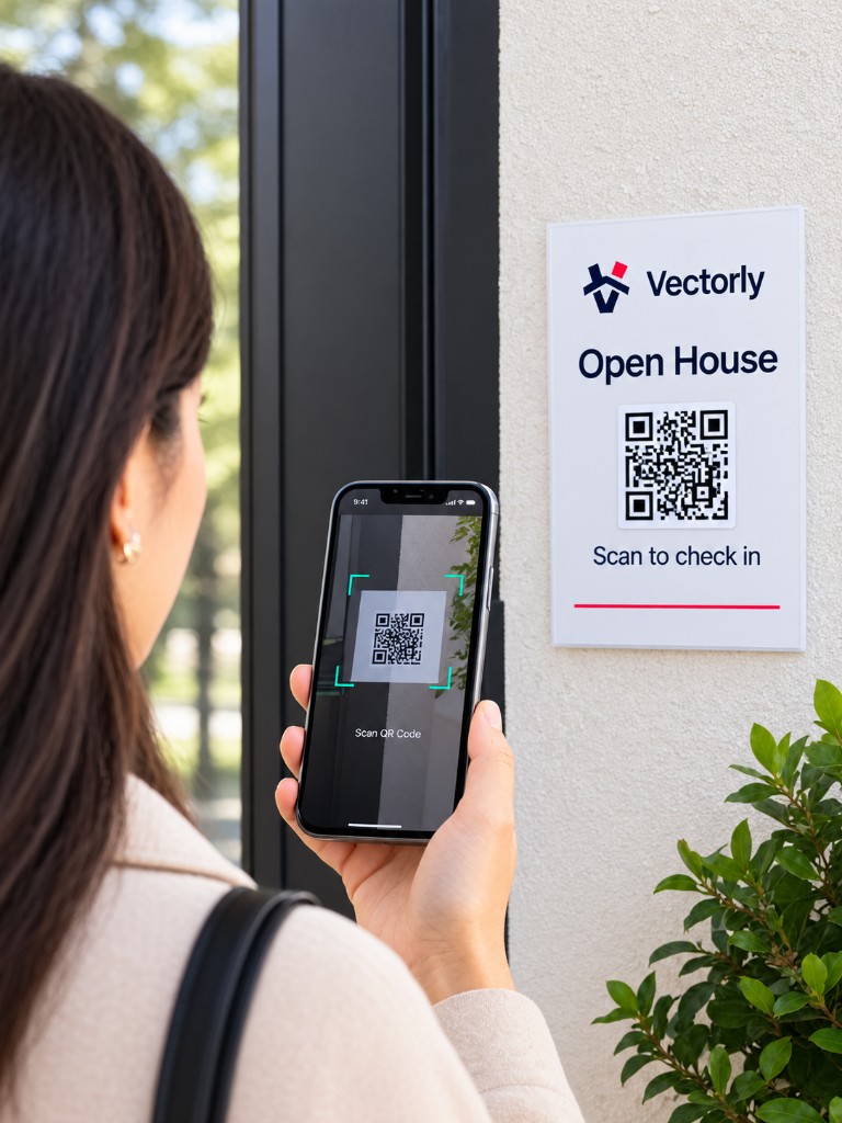 A visitor scanning the Open House sign at the door.