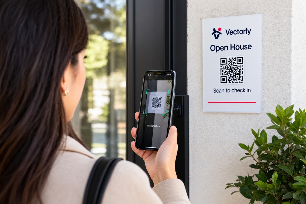 A visitor scanning the Open House sign at the door.